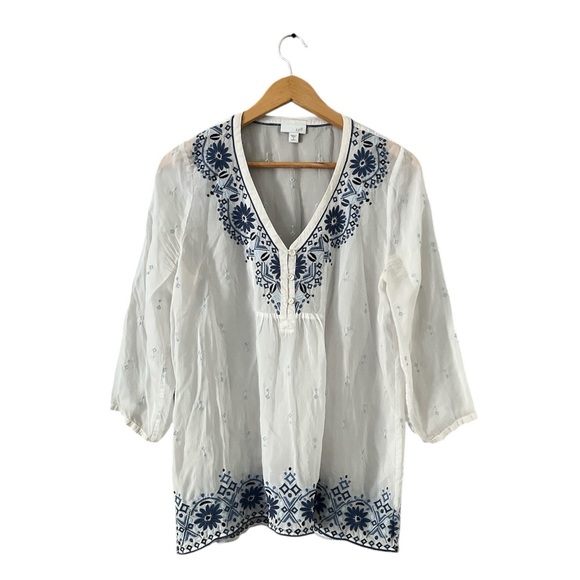 J.Jill White Blue Embroidered Boho Sheer Tunic Top Women’s S - Picture 5 of 13